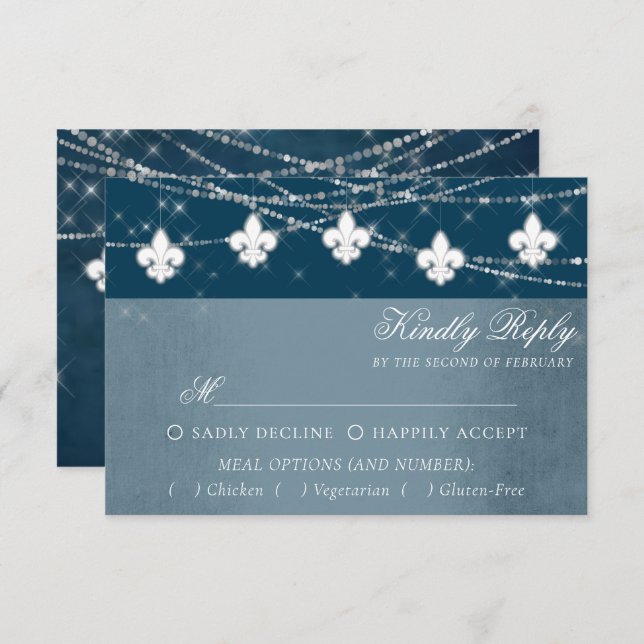 Fleur de Lis Navy Blue Lights | Rustic Meal Choice RSVP Card (Front/Back)