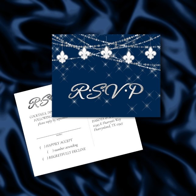 Fleur de Lis Navy Blue Lights | Rustic Reception Invitation Postcard (Creator Uploaded)
