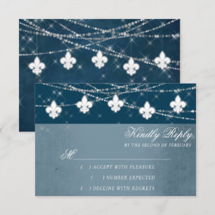 Fleur de Lis Navy Blue Lights   Rustic Script RSVP Card