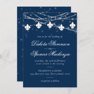 Fleur de Lis Navy Blue Lights Rustic Wedding Invitation