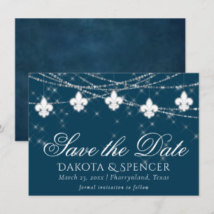 Fleur de Lis Navy Blue Lights Rustic Wedding Save The Date