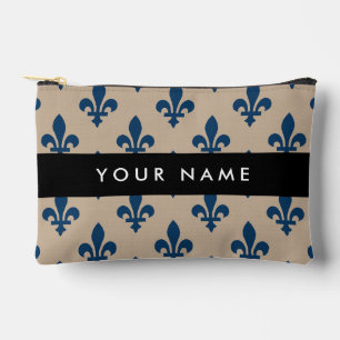 Fleur de Lis, Navy Blue on Beige, Royal, Your Name Accessory Pouch