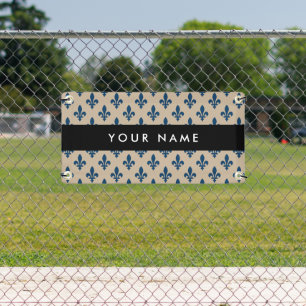 Fleur de Lis, Navy Blue on Beige, Royal, Your Name Banner