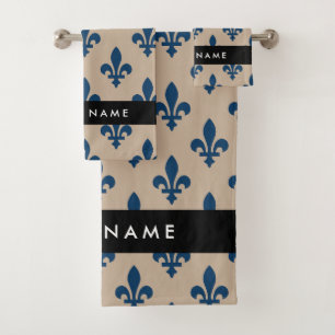 Fleur de Lis, Navy Blue on Beige, Royal, Your Name Bath Towel Set