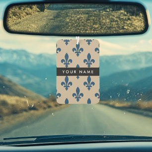 Fleur de Lis, Navy Blue on Beige, Royal, Your Name Car Air Freshener
