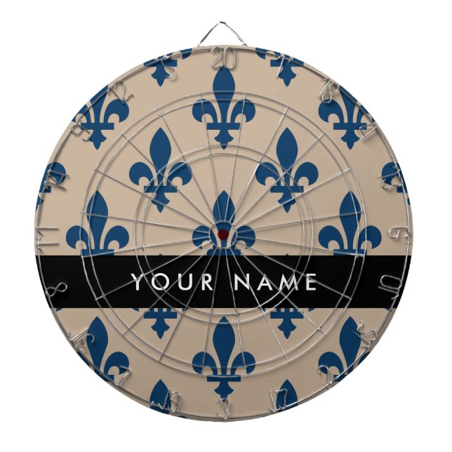 Fleur de Lis, Navy Blue on Beige, Royal, Your Name Dartboard (Front)