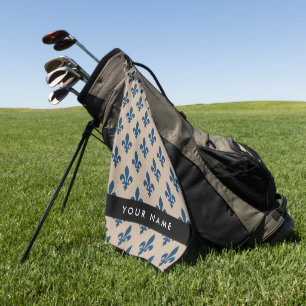Fleur de Lis, Navy Blue on Beige, Royal, Your Name Golf Towel