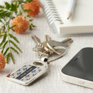 Fleur de Lis, Navy Blue on Beige, Royal, Your Name Key Ring