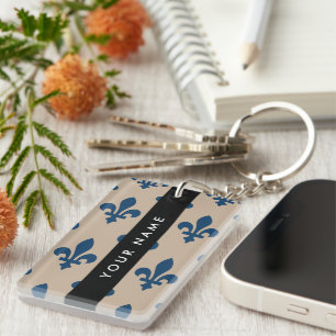 Fleur de Lis, Navy Blue on Beige, Royal, Your Name Key Ring