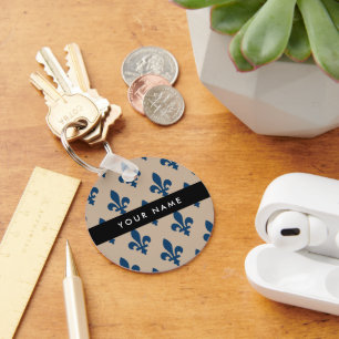 Fleur de Lis, Navy Blue on Beige, Royal, Your Name Key Ring