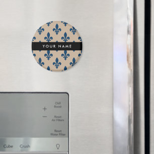 Fleur de Lis, Navy Blue on Beige, Royal, Your Name Magnet