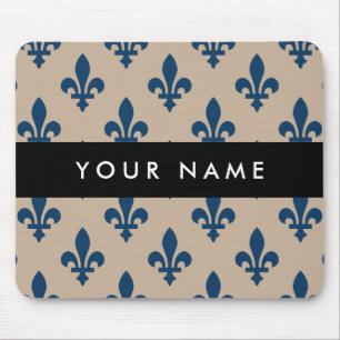Fleur de Lis, Navy Blue on Beige, Royal, Your Name Mouse Pad