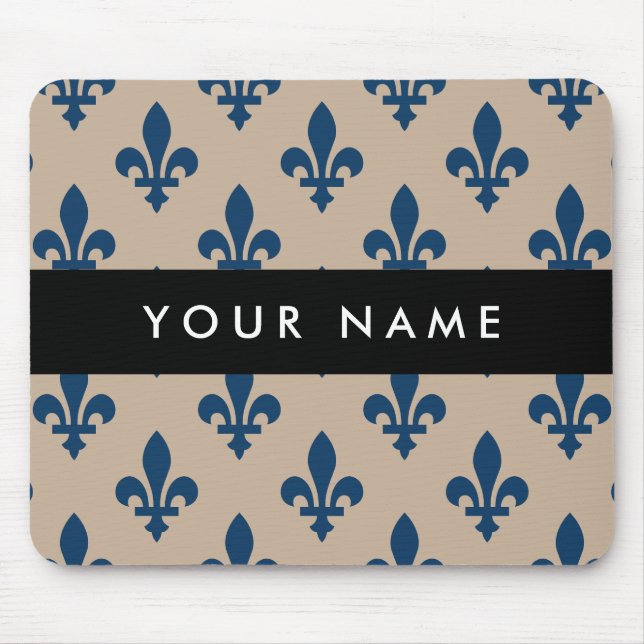 Fleur de Lis, Navy Blue on Beige, Royal, Your Name Mouse Pad (Front)