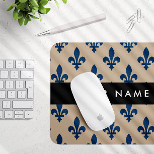 Fleur de Lis, Navy Blue on Beige, Royal, Your Name Mouse Pad