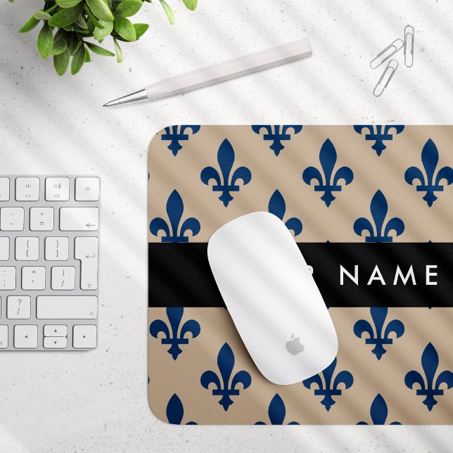 Fleur de Lis, Navy Blue on Beige, Royal, Your Name Mouse Pad (Creator Uploaded)