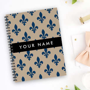 Fleur de Lis, Navy Blue on Beige, Royal, Your Name Notebook