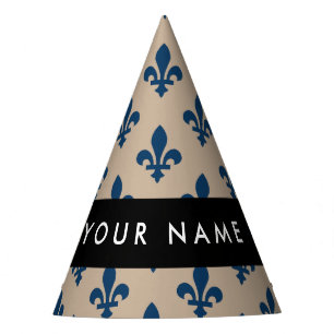 Fleur de Lis, Navy Blue on Beige, Royal, Your Name Party Hat