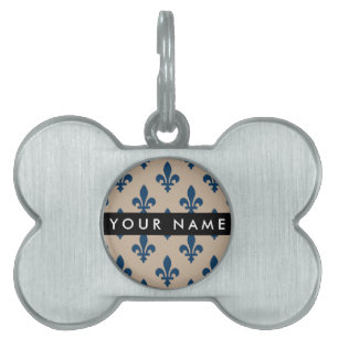 Fleur de Lis, Navy Blue on Beige, Royal, Your Name Pet ID Tag