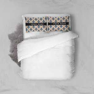 Fleur de Lis, Navy Blue on Beige, Royal, Your Name Pillowcase