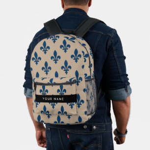 Fleur de Lis, Navy Blue on Beige, Royal, Your Name Printed Backpack
