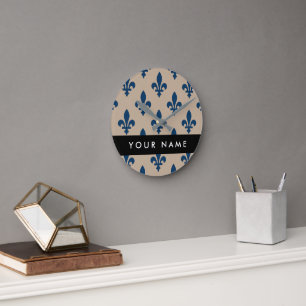 Fleur de Lis, Navy Blue on Beige, Royal, Your Name Round Clock
