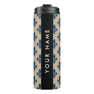 Fleur de Lis, Navy Blue on Beige, Royal, Your Name Thermal Tumbler