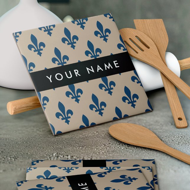 Fleur de Lis, Navy Blue on Beige, Royal, Your Name Tile (Creator Uploaded)