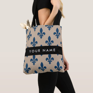 Fleur de Lis, Navy Blue on Beige, Royal, Your Name Tote Bag