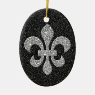 fleur-de-lis on black white glittery effect ceramic tree decoration