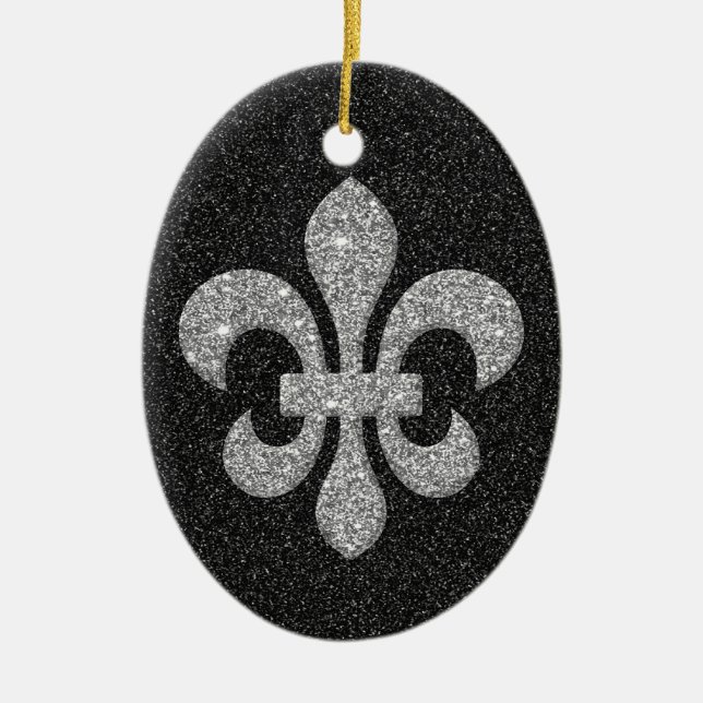 fleur-de-lis on black white glittery effect ceramic tree decoration (Front)