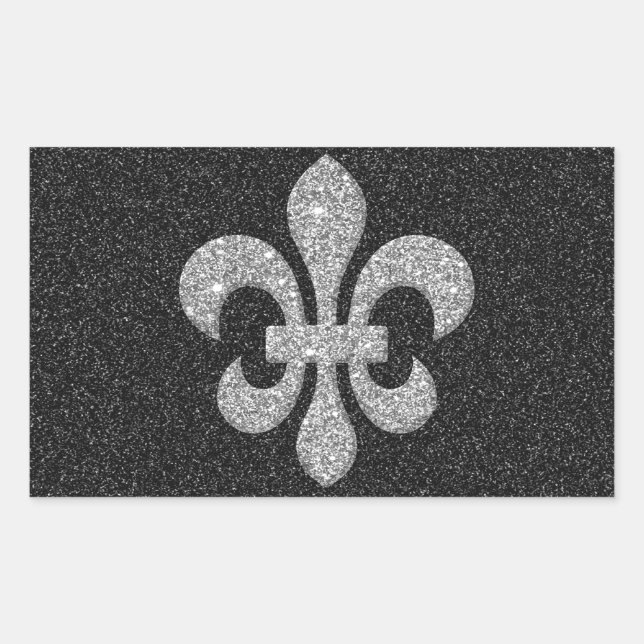 fleur-de-lis on black white glittery effect rectangular sticker (Front)