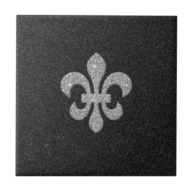 fleur-de-lis on black white glittery effect tile (Front)