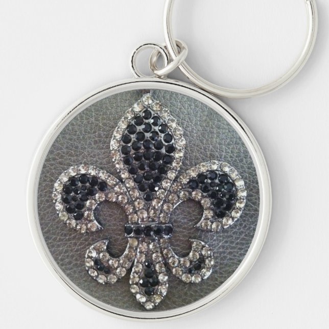 Fleur de lis on pewter leather print keychain (Front)
