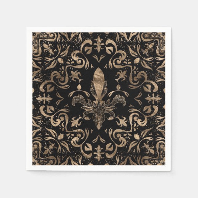 Fleur-de-lis ornament Black and Gold Napkin (Front)