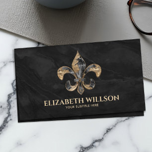 Fleur-de-lis Ornament Black Marble and gold Business Card