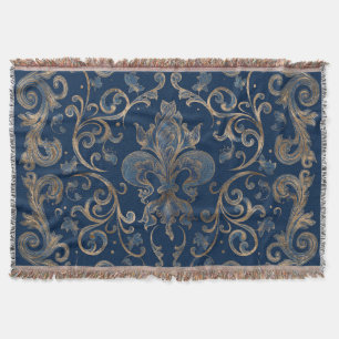 Fleur-de-lis ornament Blue Marble and Gold Throw Blanket