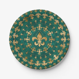 Fleur-de-lis ornament Emerald Green Paper Plate