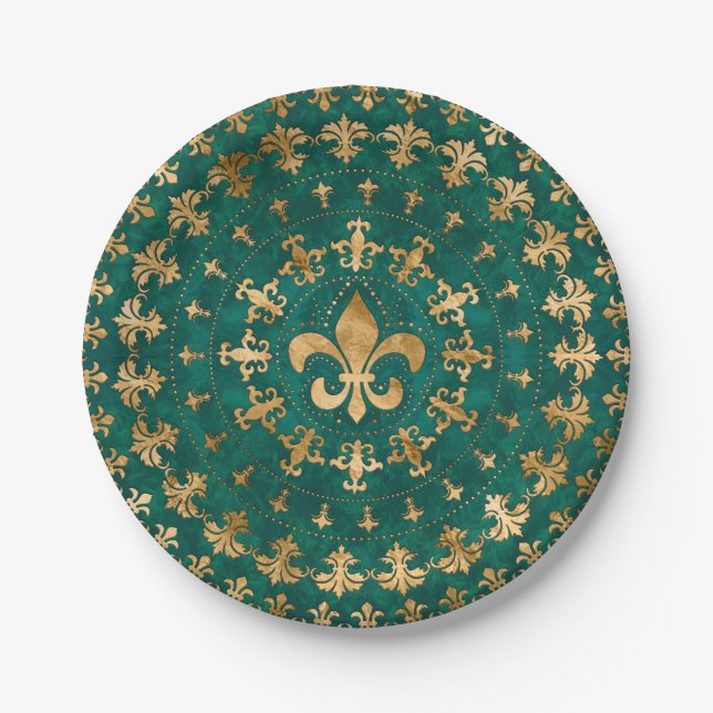 Fleur-de-lis ornament Emerald Green Paper Plate (Front)