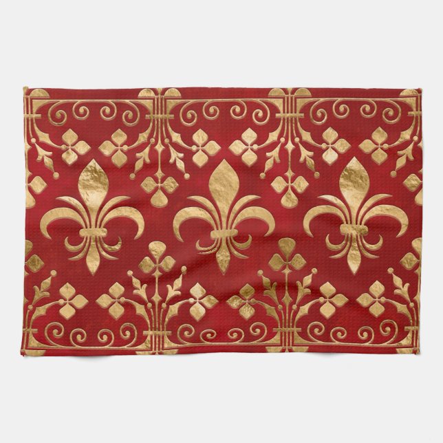 Fleur-de-lis ornament Luxury Red Tea Towel (Horizontal)