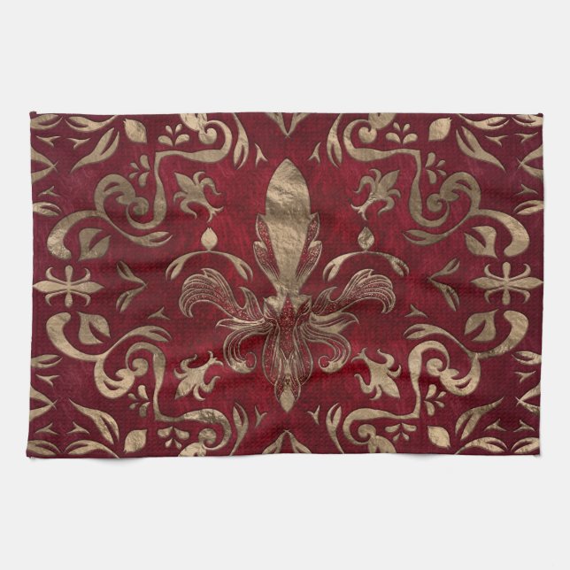 Fleur-de-lis ornament Red and Gold Tea Towel (Horizontal)