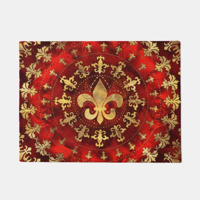 Fleur-de-lis ornament Red Marble and Gold Doormat (Front)