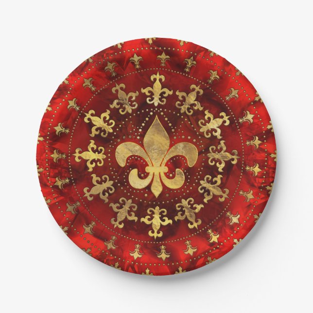Fleur-de-lis ornament Red Marble and Gold Paper Plate (Front)