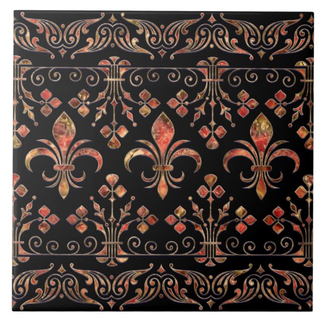 Fleur-de-lis ornament Red marble Tile (Front)