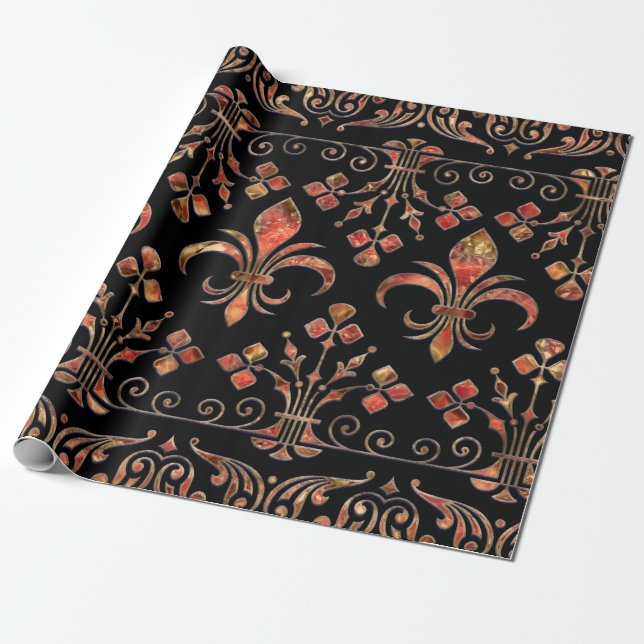 Fleur-de-lis ornament Red marble Wrapping Paper (Unrolled)