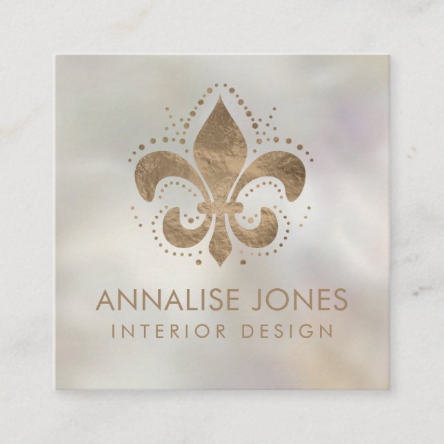 Fleur-de-lis Pastel Gold on pearl Square Business Card (Front)