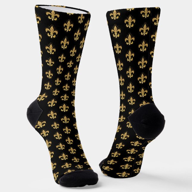 Fleur-de-lis pattern black and gold socks (Angled)