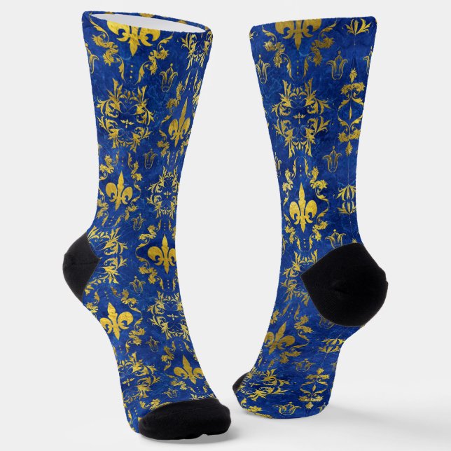 Fleur-de-lis pattern blue marble and gold socks (Angled)