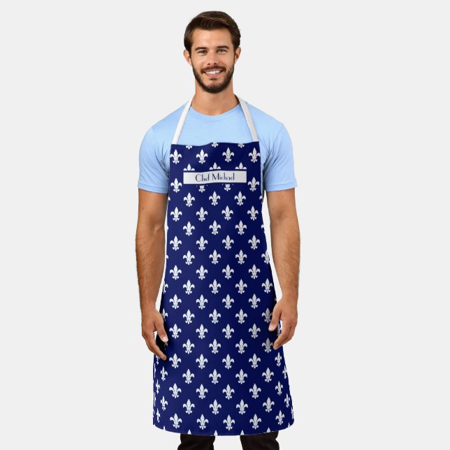 Fleur de Lis Pattern DIY Colours & BG White Navy S Apron (Worn)
