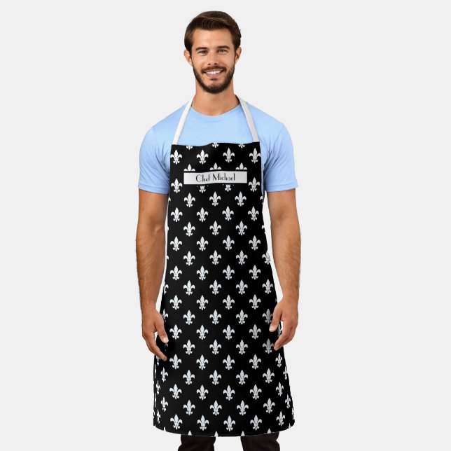Fleur de Lis Pattern DIY Colours & BG Wht Black SV Apron (Worn)