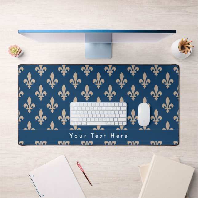 Fleur de Lis Pattern, French, Royal, Cream, Blue Desk Mat (Office 1)